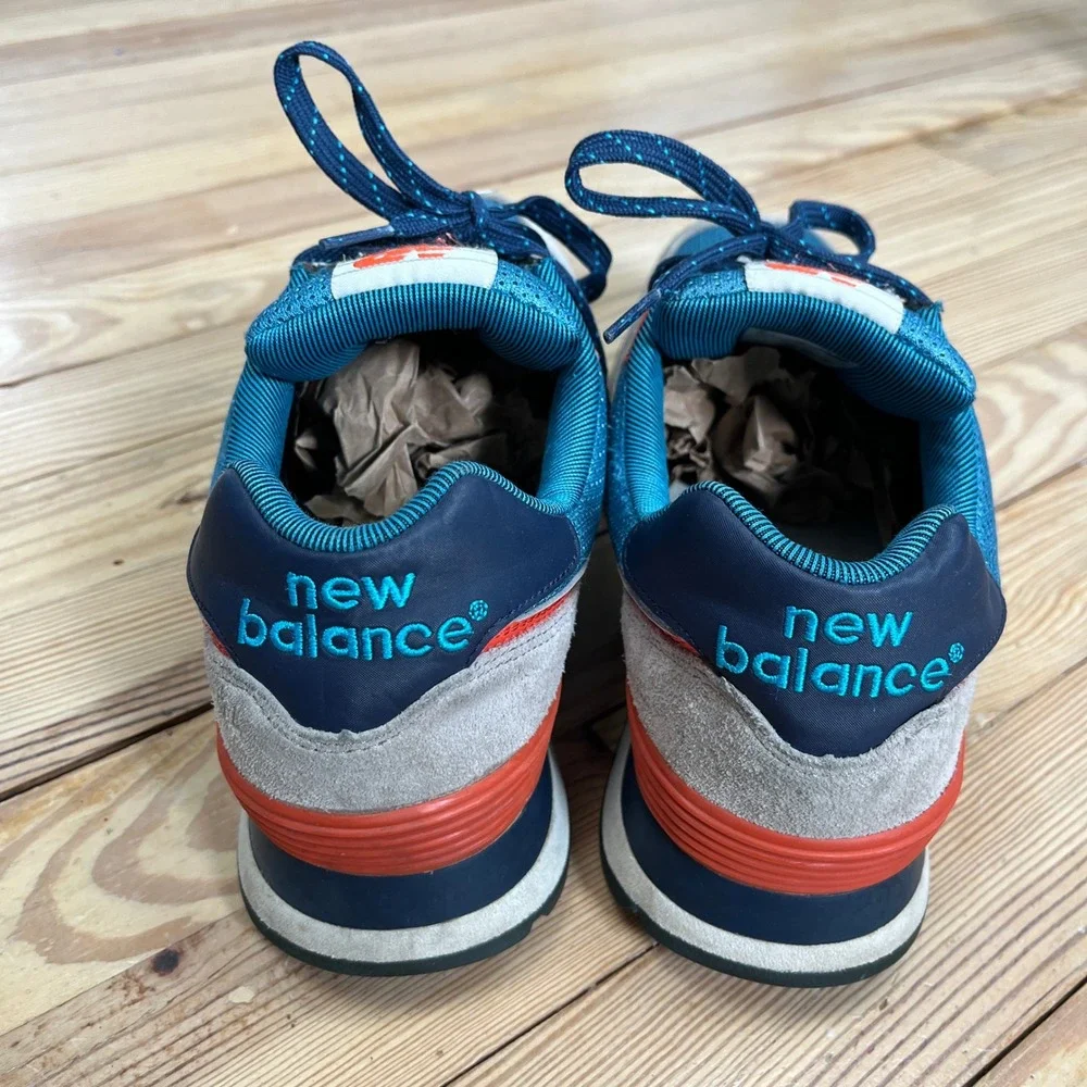 New Balance 574 Grey Blue Orange Suede Mesh Sneakers Mens 9 athletic casual shoe